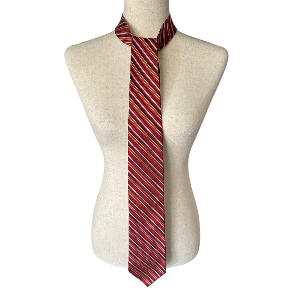 DKNY Men's Striped Silk Tie Red Orange Burgundy Classic Length‎